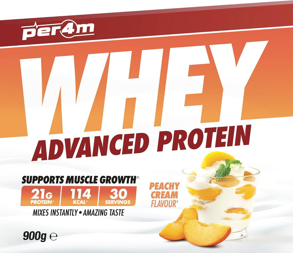 Per4m Protein Whey Powder | 30 Servings of High Protein Shake with Amino Acids | for Optimal Nutrition When Training | Low Sugar Gym Supplements (Peachy Cream, 900g)