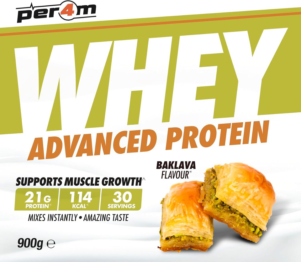 Per4m Protein Whey Powder | 30 Servings of High Protein Shake with Amino Acids | for Optimal Nutrition When Training | Low Sugar Gym Supplements (900g, Baklava) Per4m Protein Whey Powder | 30 Servings of High Protein Shake with Amino Acids | for Optimal Nutrition When Training | Low Sugar Gym Supplements (900g, Baklava)
