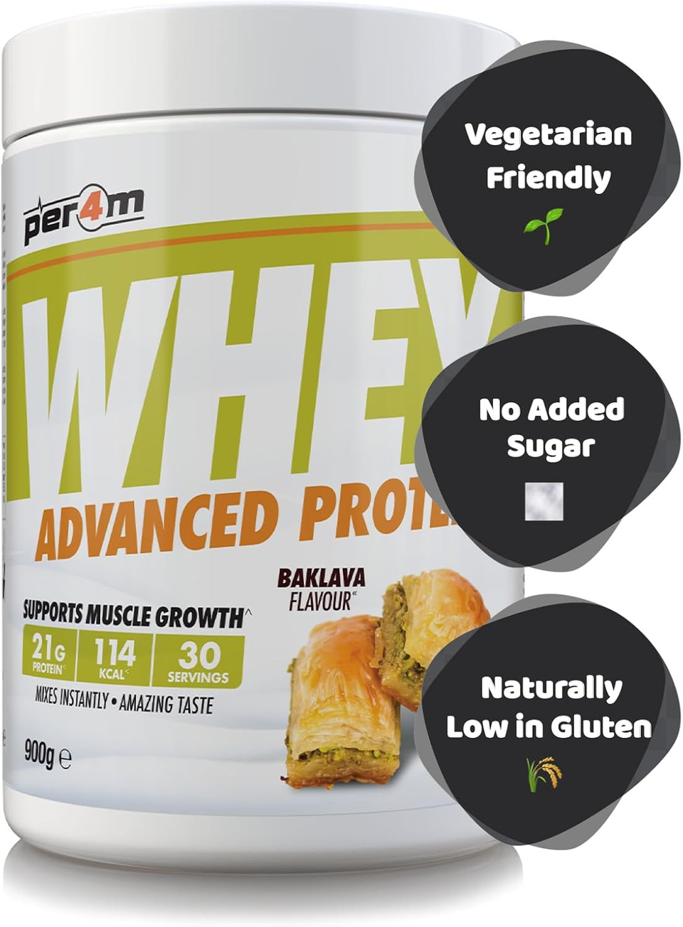 Per4m Protein Whey Powder | 30 Servings of High Protein Shake with Amino Acids | for Optimal Nutrition When Training | Low Sugar Gym Supplements (900g, Baklava) Per4m Protein Whey Powder | 30 Servings of High Protein Shake with Amino Acids | for Optimal Nutrition When Training | Low Sugar Gym Supplements (900g, Baklava)