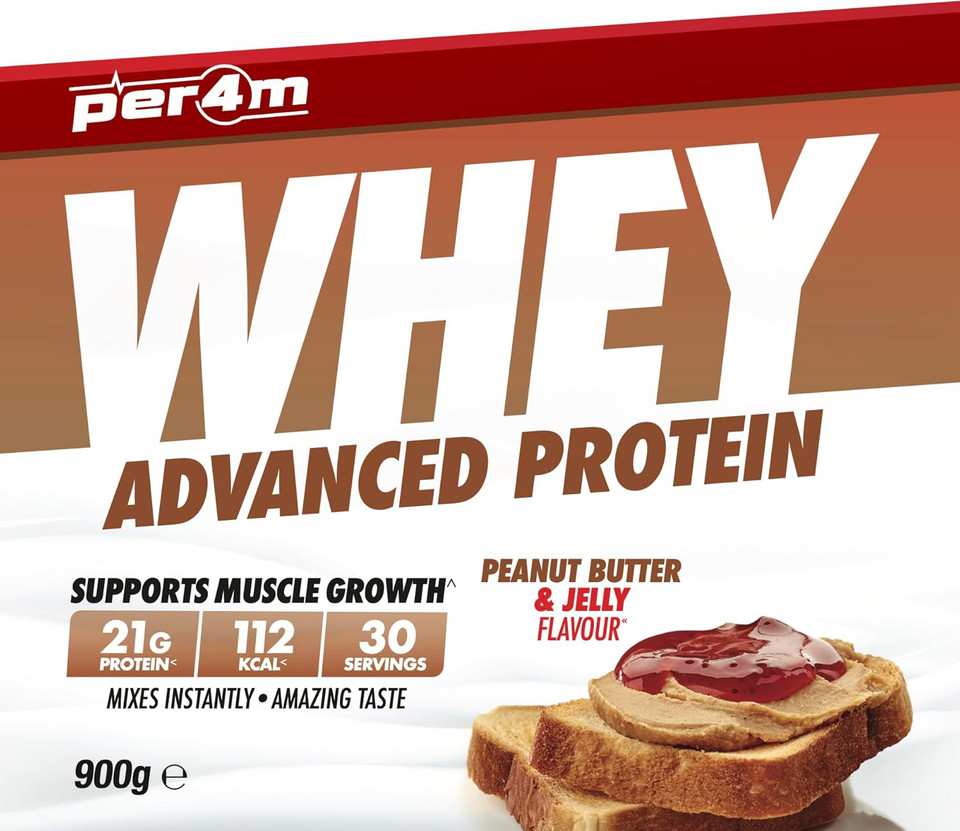 Per4m Protein Whey Powder | 30 Servings of High Protein Shake with Amino Acids | for Optimal Nutrition When Training | Low Sugar Gym Supplements (Peanut Butter & Jelly, 900g)