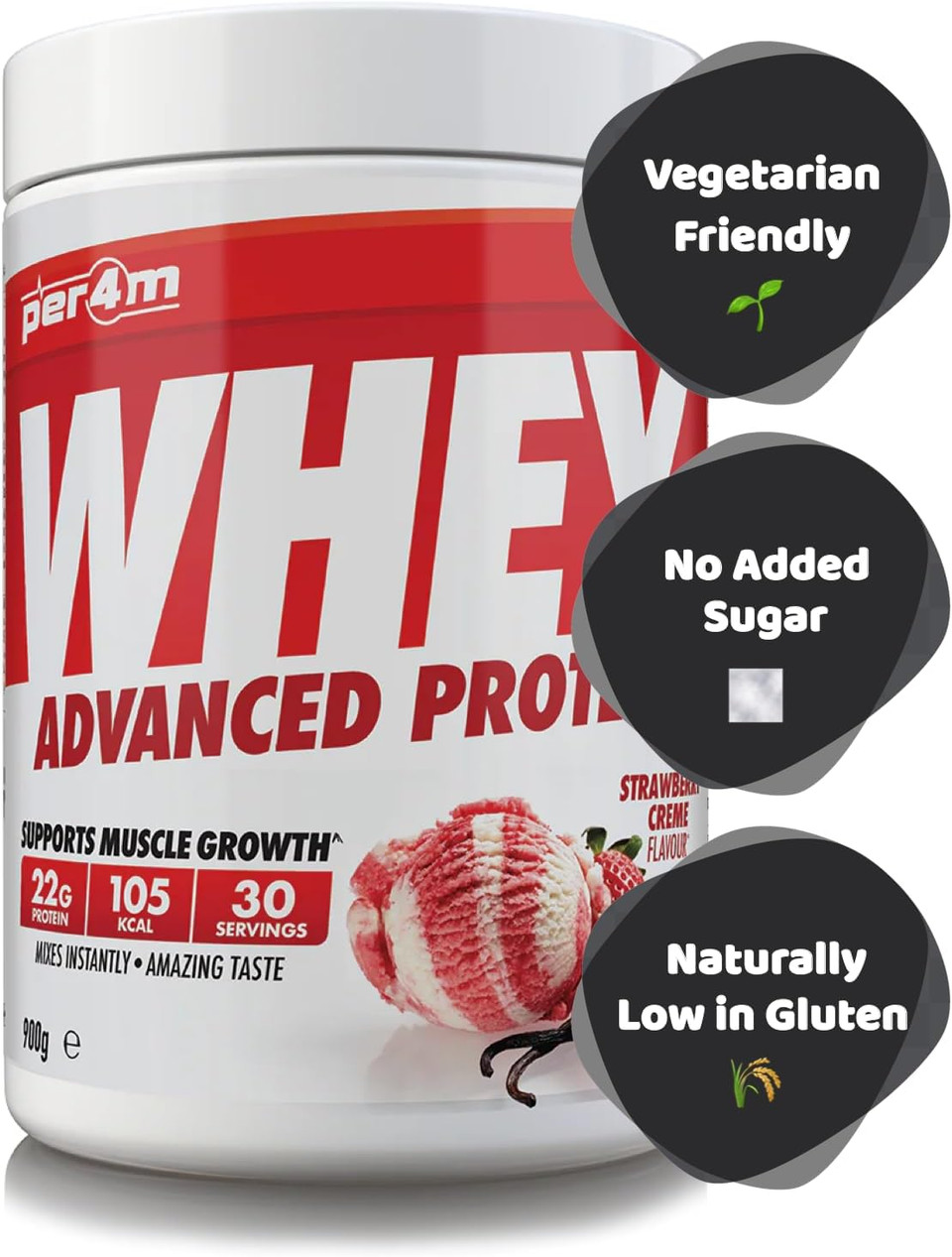 Per4m Protein Whey Powder | 30 Servings of High Protein Shake with Amino Acids | for Optimal Nutrition When Training | Low Sugar Gym Supplements (Strawberry Creme, 900g) Per4m Protein Whey Powder | 30 Servings of High Protein Shake with Amino Acids | for Optimal Nutrition When Training | Low Sugar Gym Supplements (Strawberry Creme, 900g)