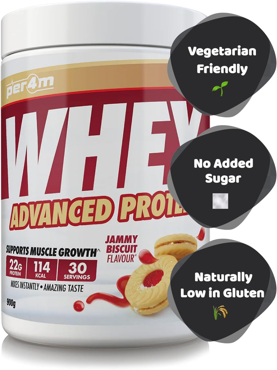 Per4m Protein Whey Powder | 30 Servings of High Protein Shake with Amino Acids | for Optimal Nutrition When Training | Low Sugar Gym Supplements (Jammy Biscuit, 900g)