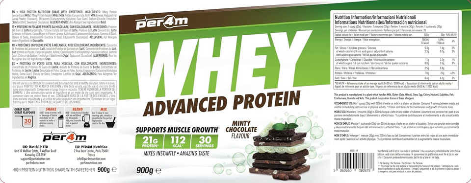 Per4m Protein Whey Powder | 30 Servings of High Protein Shake with Amino Acids | for Optimal Nutrition When Training | Low Sugar Gym Supplements (Minty Chocolate, 900g) Per4m Protein Whey Powder | 30 Servings of High Protein Shake with Amino Acids | for Optimal Nutrition When Training | Low Sugar Gym Supplements (Minty Chocolate, 900g)