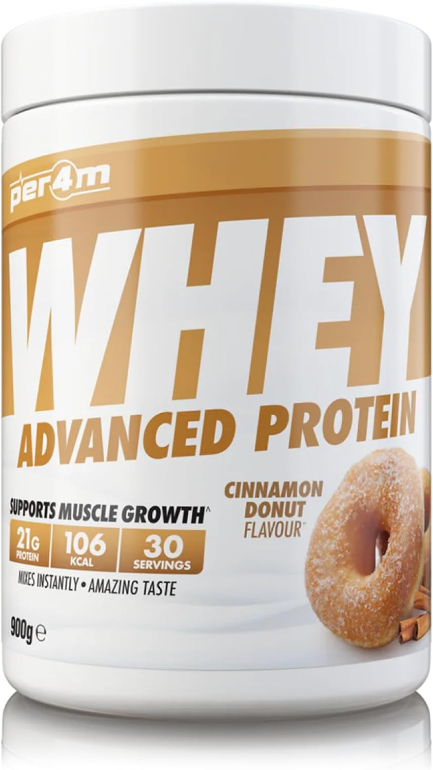 Per4m Protein Whey Powder | 30 Servings of High Protein Shake with Amino Acids | for Optimal Nutrition When Training | Low Sugar Gym Supplements (Cinnamon Donut, 900g)