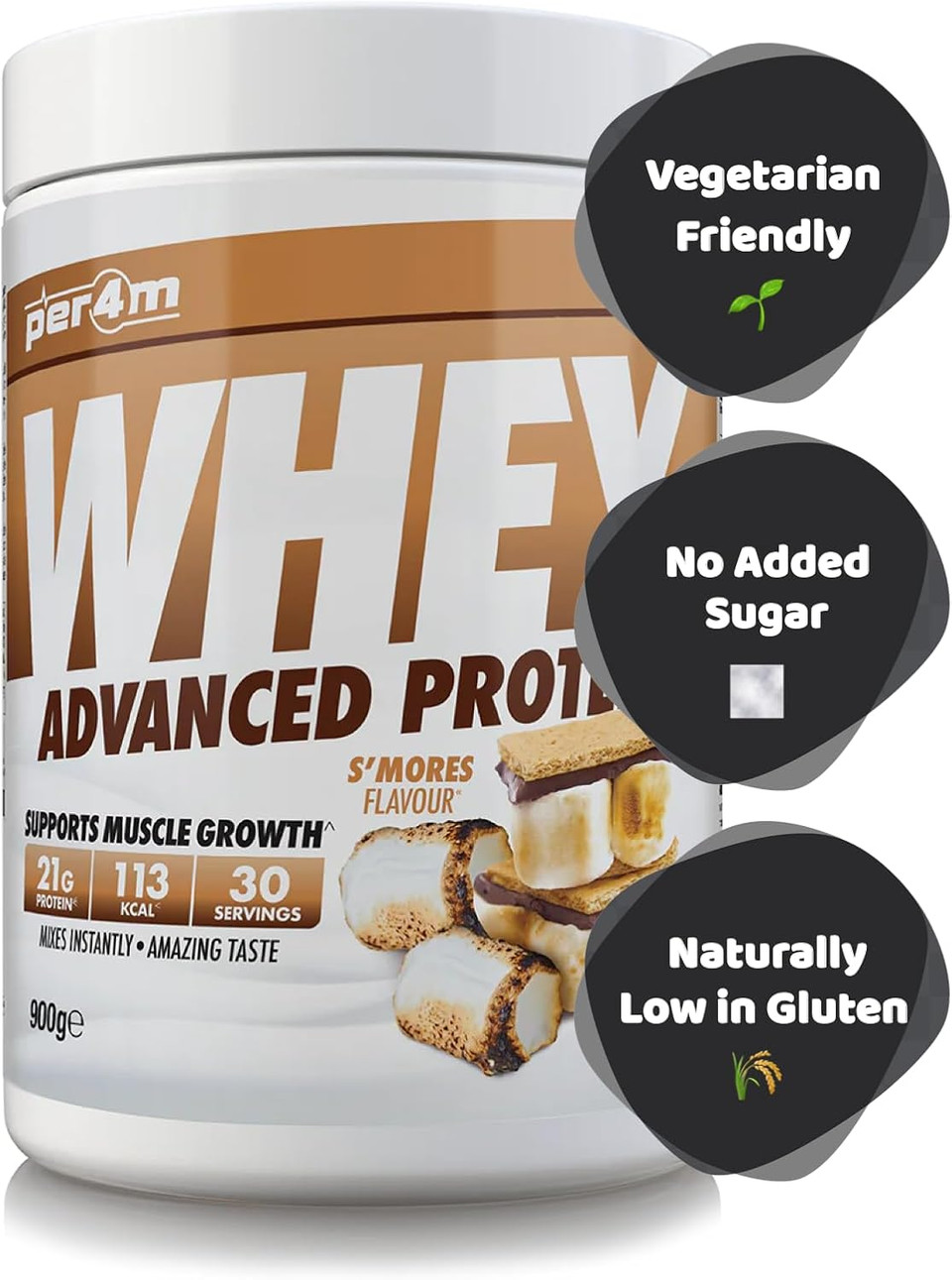 Per4m Protein Whey Powder | 30 Servings of High Protein Shake with Amino Acids | for Optimal Nutrition When Training | Low Sugar Gym Supplements (900g, S'Mores) Per4m Protein Whey Powder | 30 Servings of High Protein Shake with Amino Acids | for Optimal Nutrition When Training | Low Sugar Gym Supplements (900g, S'Mores)