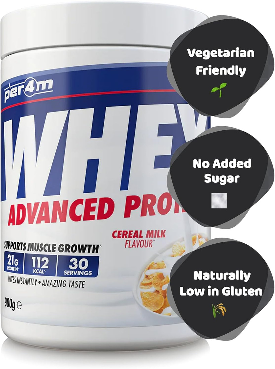 Per4m Protein Whey Powder | 30 Servings of High Protein Shake with Amino Acids | for Optimal Nutrition When Training | Low Sugar Gym Supplements (Cereal Milk, 900g)