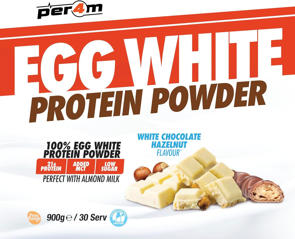 Per4m 100% Pure Free Range Egg White Protein Powder | 30 Servings High Protein Shake with Added MCT | Gut Friendly and Lactose-Free | with Essential Amino Acids (900g, White Chocolate Hazelnut)