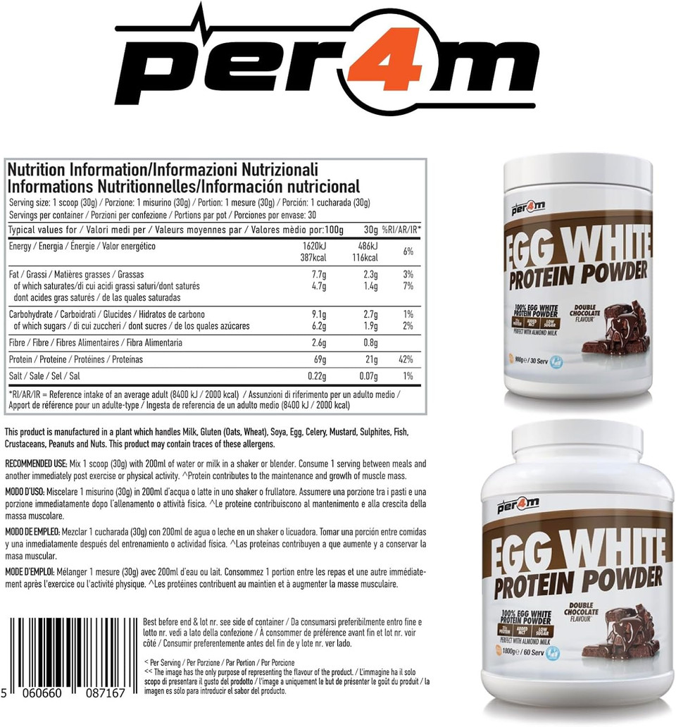 Per4m 100% Pure Free Range Egg White Protein Powder | 30 Servings High Protein Shake with Added MCT | Gut Friendly and Lactose-Free | with Essential Amino Acids (900g, Double Chocolate)