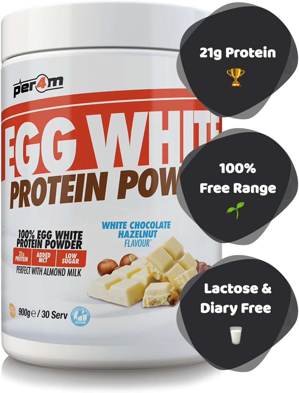 Per4m 100% Pure Free Range Egg White Protein Powder | 30 Servings High Protein Shake with Added MCT | Gut Friendly and Lactose-Free | with Essential Amino Acids (900g, Strawberry Creme)
