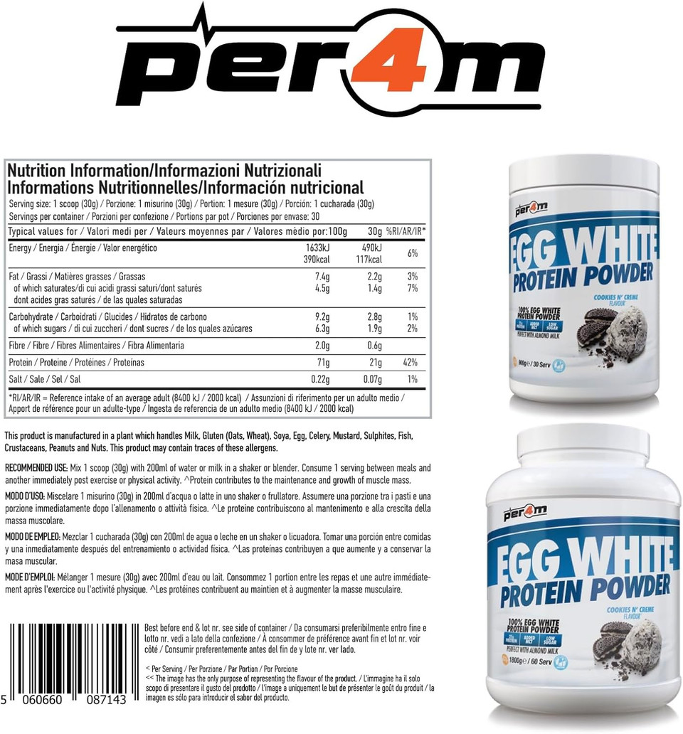 Per4m 100% Pure Free Range Egg White Protein Powder | 30 Servings High Protein Shake with Added MCT | Gut Friendly and Lactose-Free | with Essential Amino Acids (900g, Cookies N Creme)