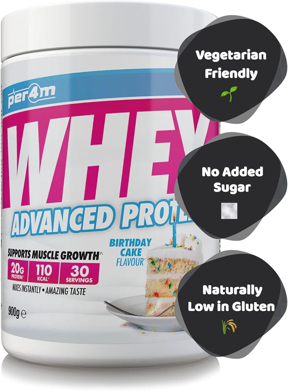 Per4m Protein Whey Powder | 30 Servings of High Protein Shake with Amino Acids | for Optimal Nutrition When Training | Low Sugar Gym Supplements (Birthday Cake, 900g)