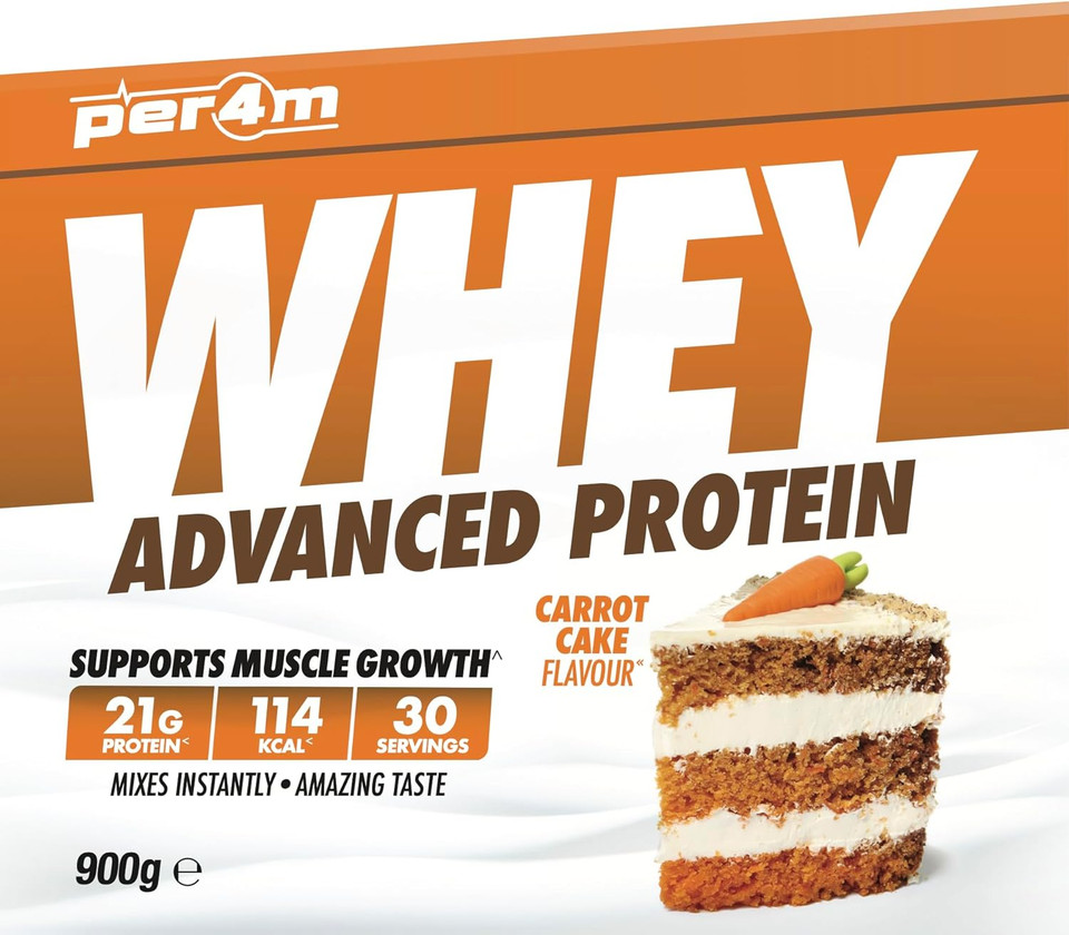 Per4m Protein Whey Powder | 30 Servings of High Protein Shake with Amino Acids | for Optimal Nutrition When Training | Low Sugar Gym Supplements (Carrot Cake, 900g)