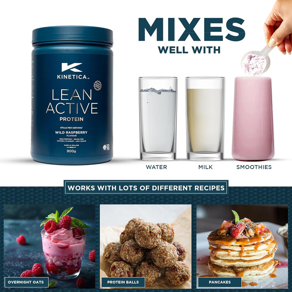 Kinetica Sports Lean Active Protein Powder - Wild Raspberry Flavour | 16g Protein/Serve, 36 Servings/900g Pack | High in Fibre & Protein with Green Tea Extract | Low in Fat & Sugar | Easy Mixability
