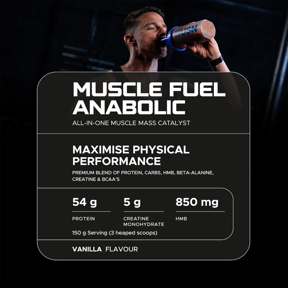 USN Muscle Fuel Anabolic All-In-One Muscle Mass Gainer, Vanilla Flavour - 2kg, Anabolic Creatine Amino BCAA Powder, 54g Protein Powder, 5g Creatine Powder, Muscle Growth Post Workout Energy Drink Mix