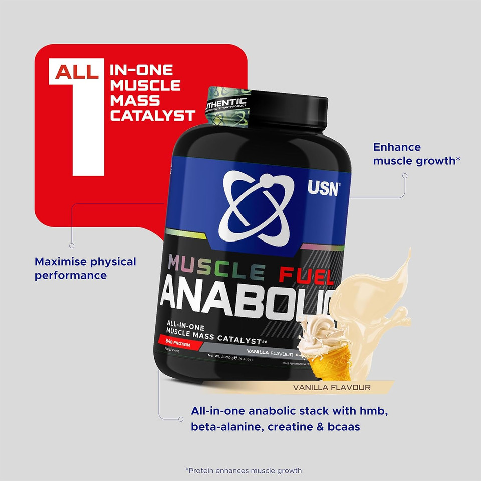 USN Muscle Fuel Anabolic All-In-One Muscle Mass Gainer, Vanilla Flavour - 2kg, Anabolic Creatine Amino BCAA Powder, 54g Protein Powder, 5g Creatine Powder, Muscle Growth Post Workout Energy Drink Mix