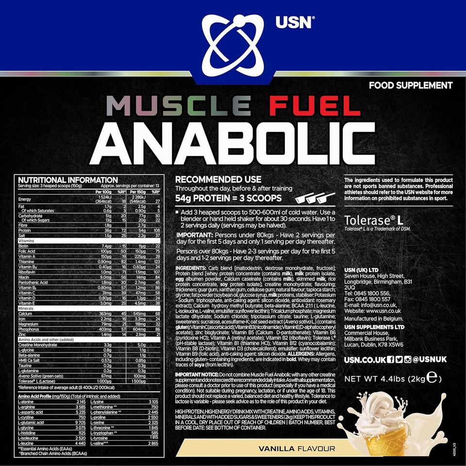 USN Muscle Fuel Anabolic All-In-One Muscle Mass Gainer, Vanilla Flavour - 2kg, Anabolic Creatine Amino BCAA Powder, 54g Protein Powder, 5g Creatine Powder, Muscle Growth Post Workout Energy Drink Mix