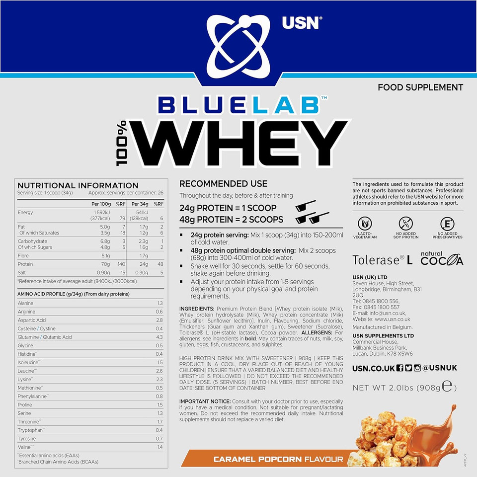 USN Blue Lab Whey Protein Powder: Caramel Popcorn - Whey Protein 908g - Post-Workout - Whey Isolate - Muscle Building Powder Supplement With Added BCAAs