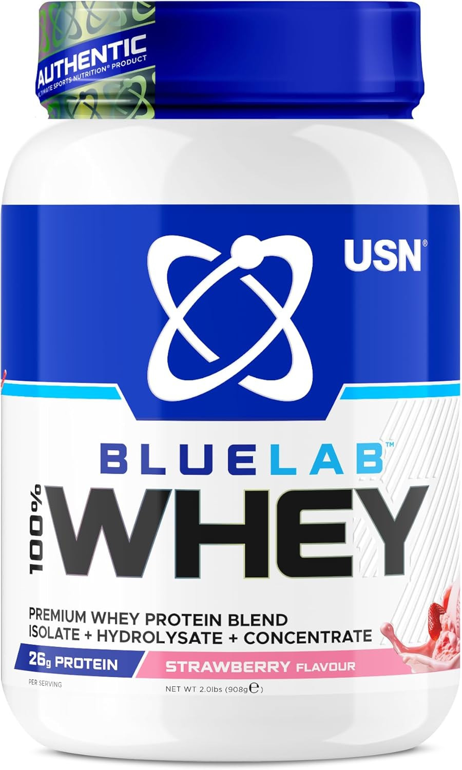USN Blue Lab Whey Protein Powder, Cookies & Cream Flavour - 908g (28 Servings), Premium Whey Isolate Protein Dietary Supplement, Post Workout Lean Muscle Growth BCAA Amino Acids Powder
