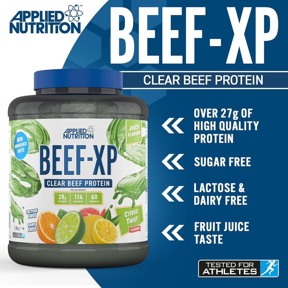 Applied Nutrition Beef XP - Clear Hydrolysed Beef Protein Isolate, Fruit Juice Style, Dairy Free Beef Protein Powder, Lactose Free, Zero Sugar, Low Fat, 1.8kg - 60 Servings (Citrus Twist) Applied Nutrition Beef XP - Clear Hydrolysed Beef Protein Isolate, Fruit Juice Style, Dairy Free Beef Protein Powder, Lactose Free, Zero Sugar, Low Fat, 1.8kg - 60 Servings (Citrus Twist)