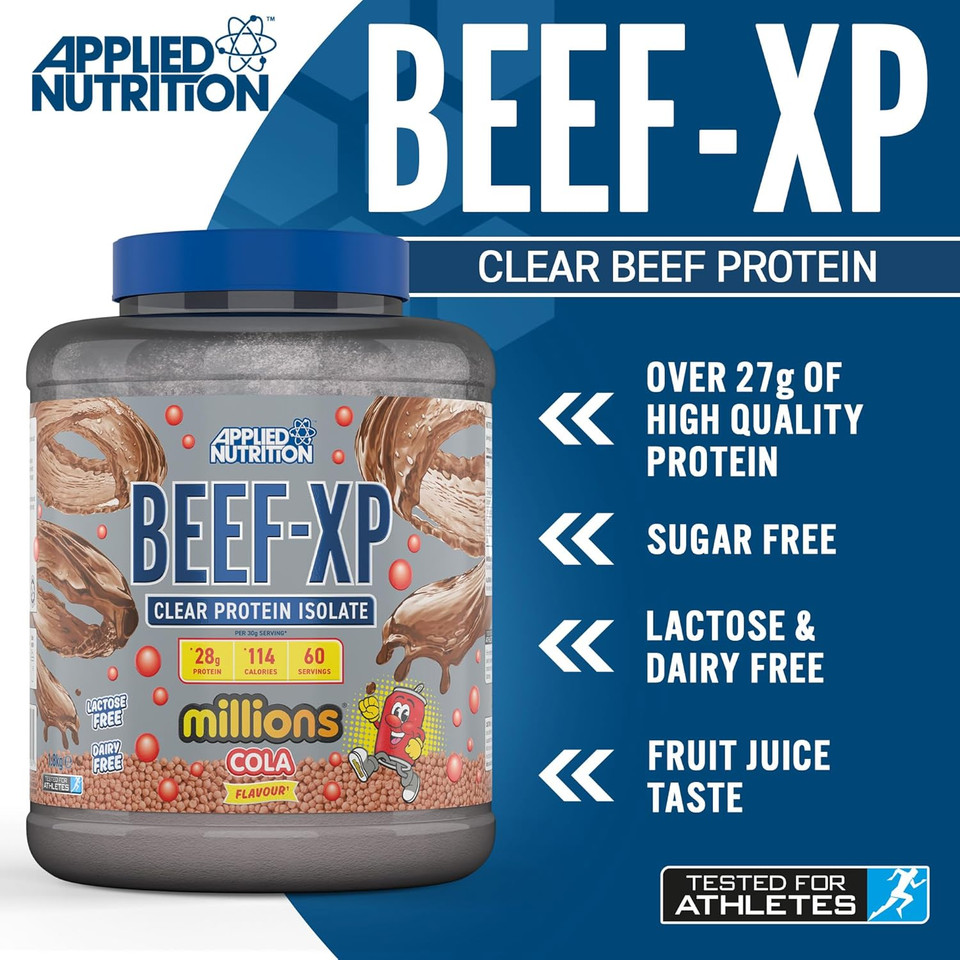 Applied Nutrition Beef XP - Clear Hydrolysed Beef Protein Isolate, Fruit Juice Style, Dairy Free Beef Protein Powder, Lactose Free, Zero Sugar, Low Fat, 1.8kg - 60 Servings (Cola Millions)