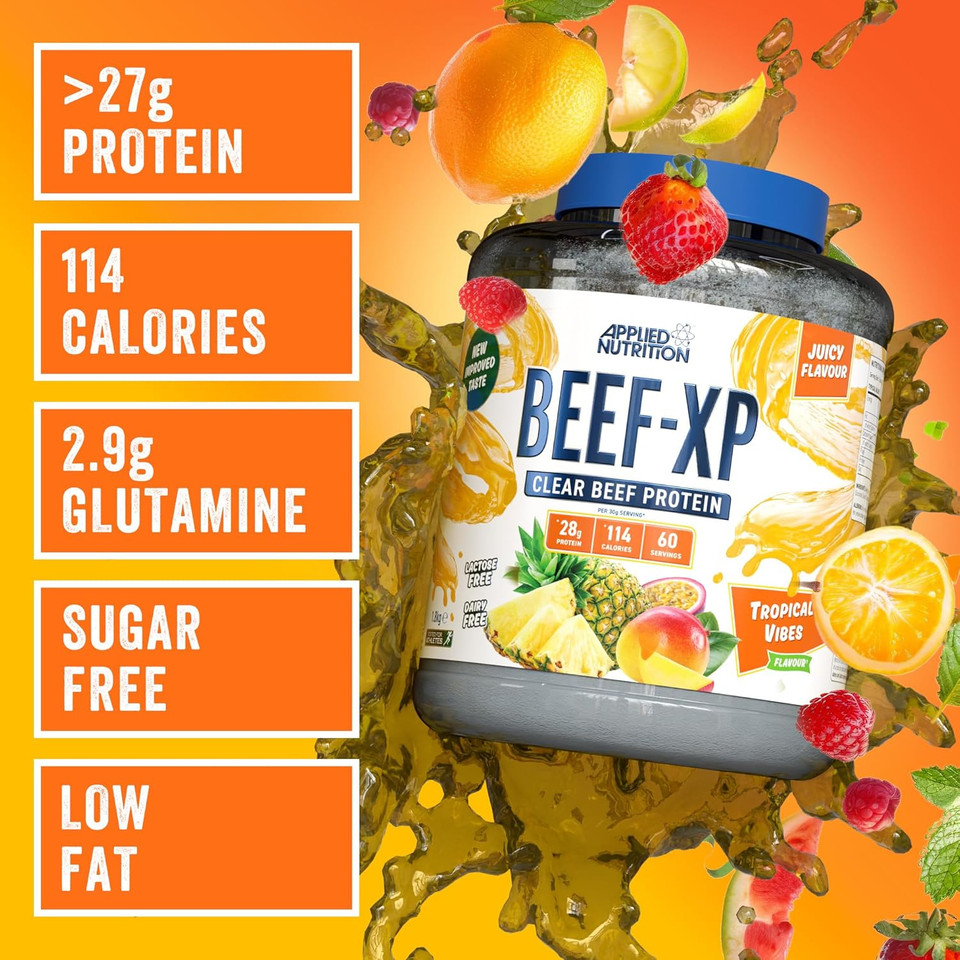 Applied Nutrition Beef XP - Clear Hydrolysed Beef Protein Isolate, Fruit Juice Style, Dairy Free Beef Protein Powder, Lactose Free, Zero Sugar, Low Fat, 1.8kg - 60 Servings (Tropical Vibes)