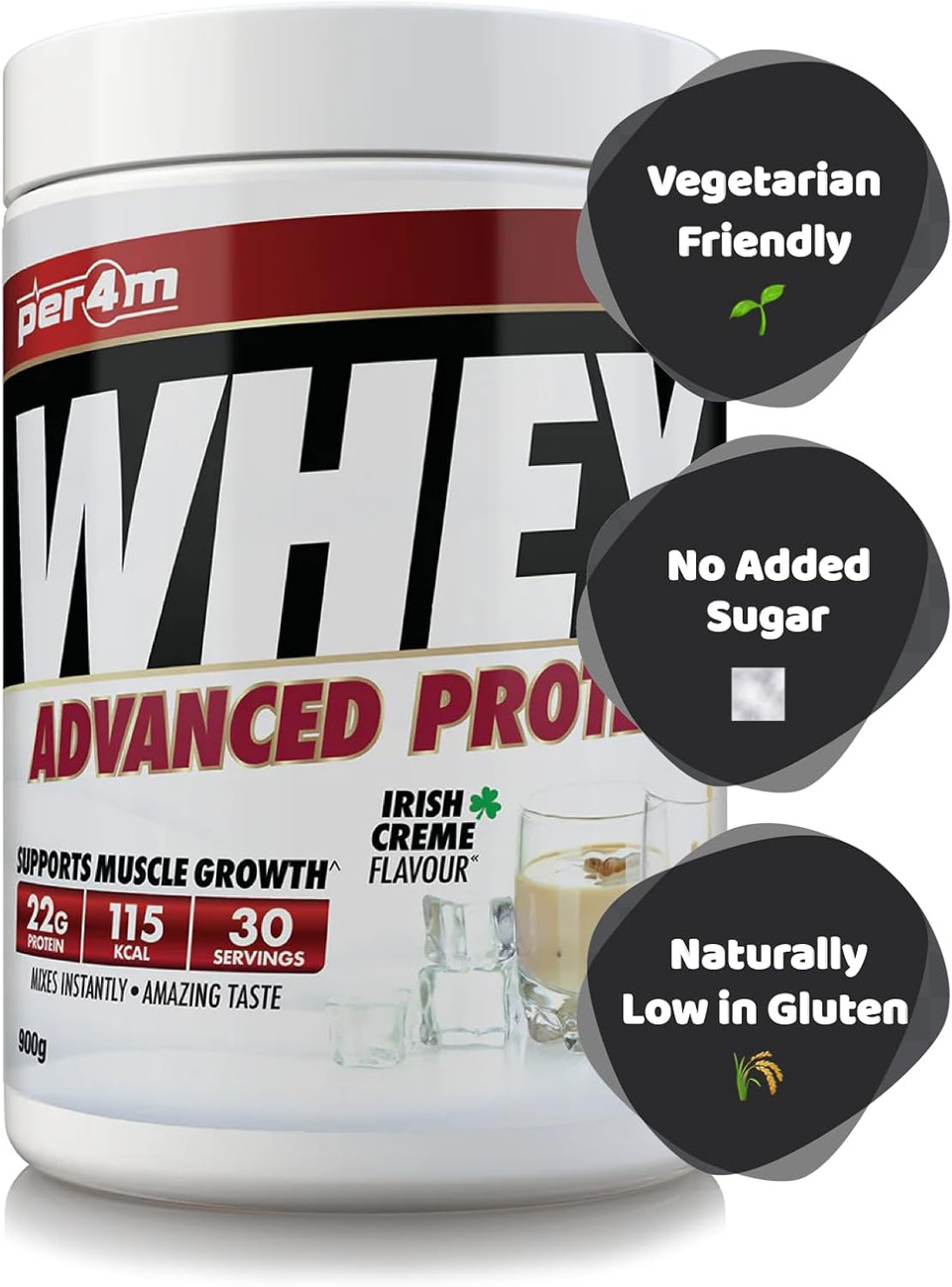 Per4m Protein Whey Powder | 30 Servings of High Protein Shake with Amino Acids | for Optimal Nutrition When Training | Low Sugar Gym Supplements (Irish Creme, 900g)