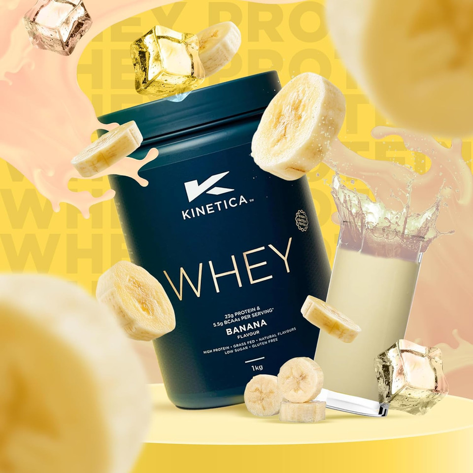 Kinetica Sports Whey Protein Powder - Banana Flavour | 23g Protein/Serve, 33 Servings/1Kg Pack | Gluten Free Supplement | Optimum for Muscle Growth & Recovery | Mixes Well with Water, Milk & Shakes