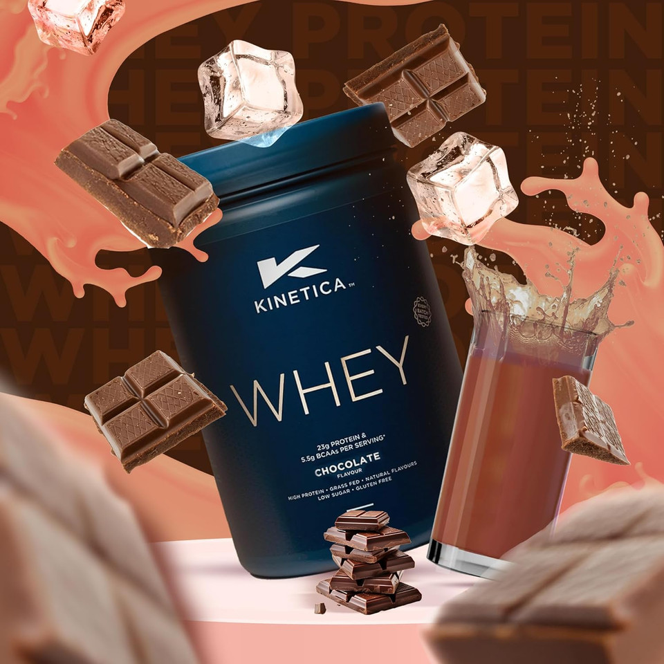Kinetica Sports Whey Protein Powder - Chocolate Flavour | 22g Protein/Serve, 33 Servings/1Kg Pack | Gluten Free Supplement | Optimum for Muscle Growth & Recovery | Mixes Well with Water, Milk & Shakes