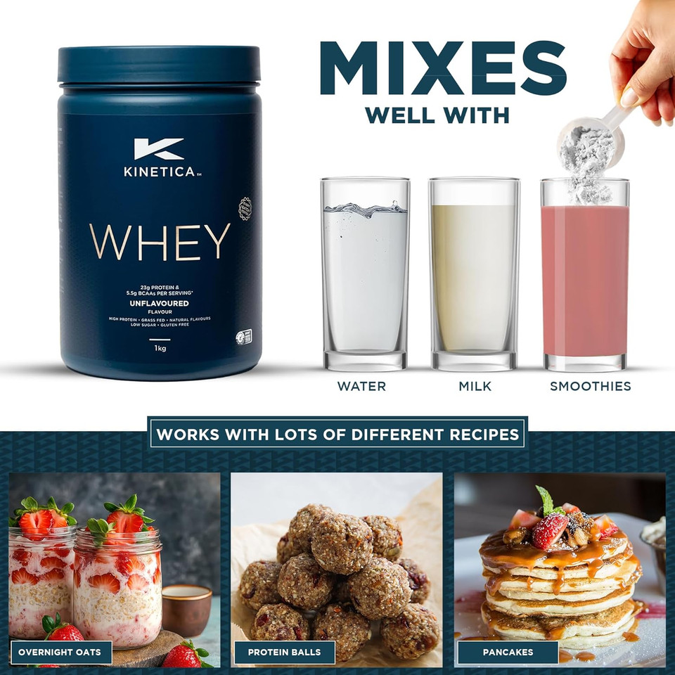 Kinetica Sports Whey Protein Powder - Unflavoured | 23g Protein/Serve, 33 Servings/1Kg Pack | Gluten Free Supplement | Optimum for Muscle Growth & Recovery | Mixes Well with Water, Milk & Shakes