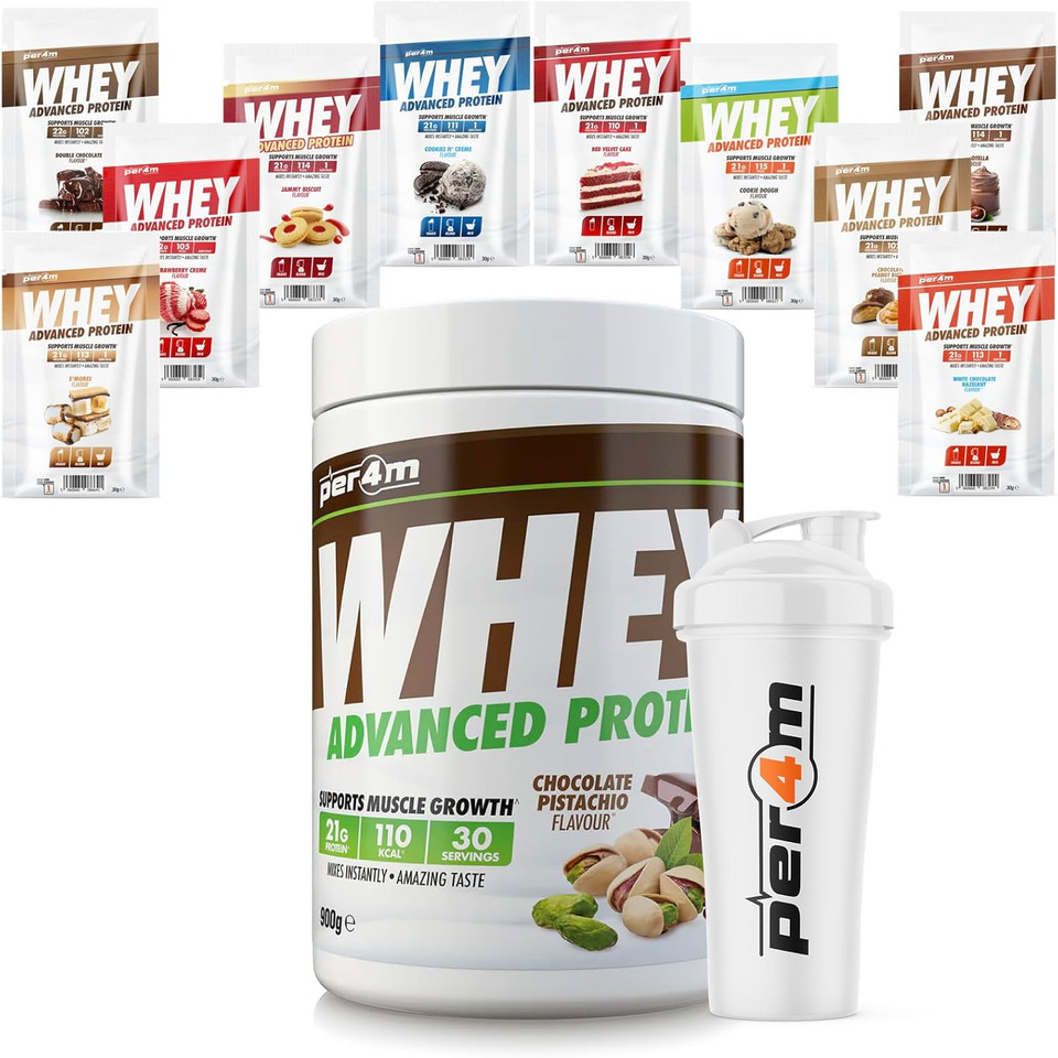 Per4m Advanced Whey Protein Powder | 30 Serving Low Sugar Protein Shake with Amino Acids | Perfect for Your Gym Bag and Travel | Shaker & 5 Mixed Selection Sachets (900g, Cinnamon Donut)