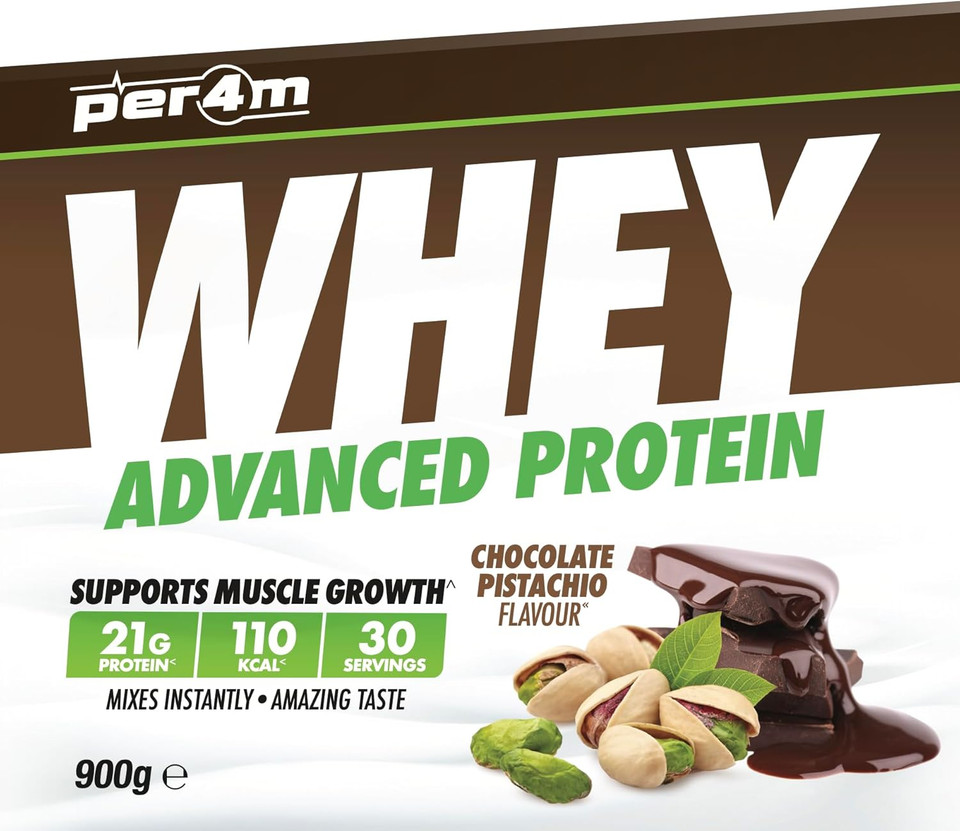 Per4m Advanced Whey Protein Powder | 30 Serving Low Sugar Protein Shake with Amino Acids | Perfect for Your Gym Bag and Travel | Shaker & 5 Mixed Selection Sachets (900g, Cinnamon Donut)