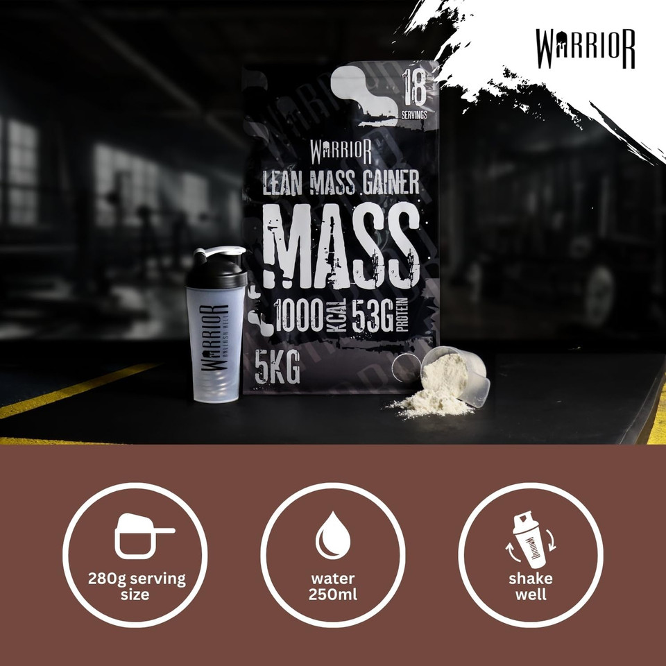 Warrior Mass Protein Powder  5kg  Serious Mass Gainer  High Calorie, Weight Gain Supplement  61g of Protein, 18 Servings, 1000+ Calories Shake, Supports Muscle Growth (Double Chocolate, 5kg)