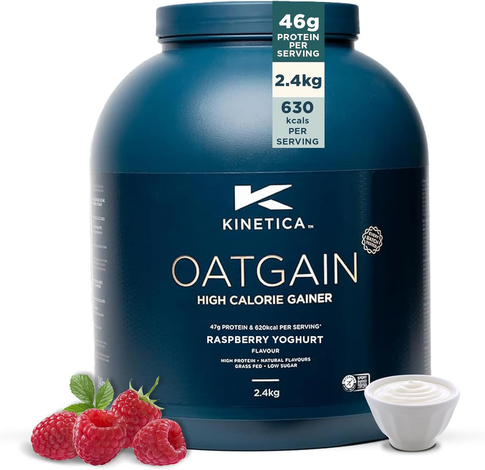 Kinetica Sports OatGain Weight Gainer - Raspberry Yoghurt Flavour | 630 Cal, 46g Protein & 82g Carbs/Serve, 15 Servings/2.4Kg | Optimum Grass Fed Protein Supplement | High Calorie & Easy Mixability