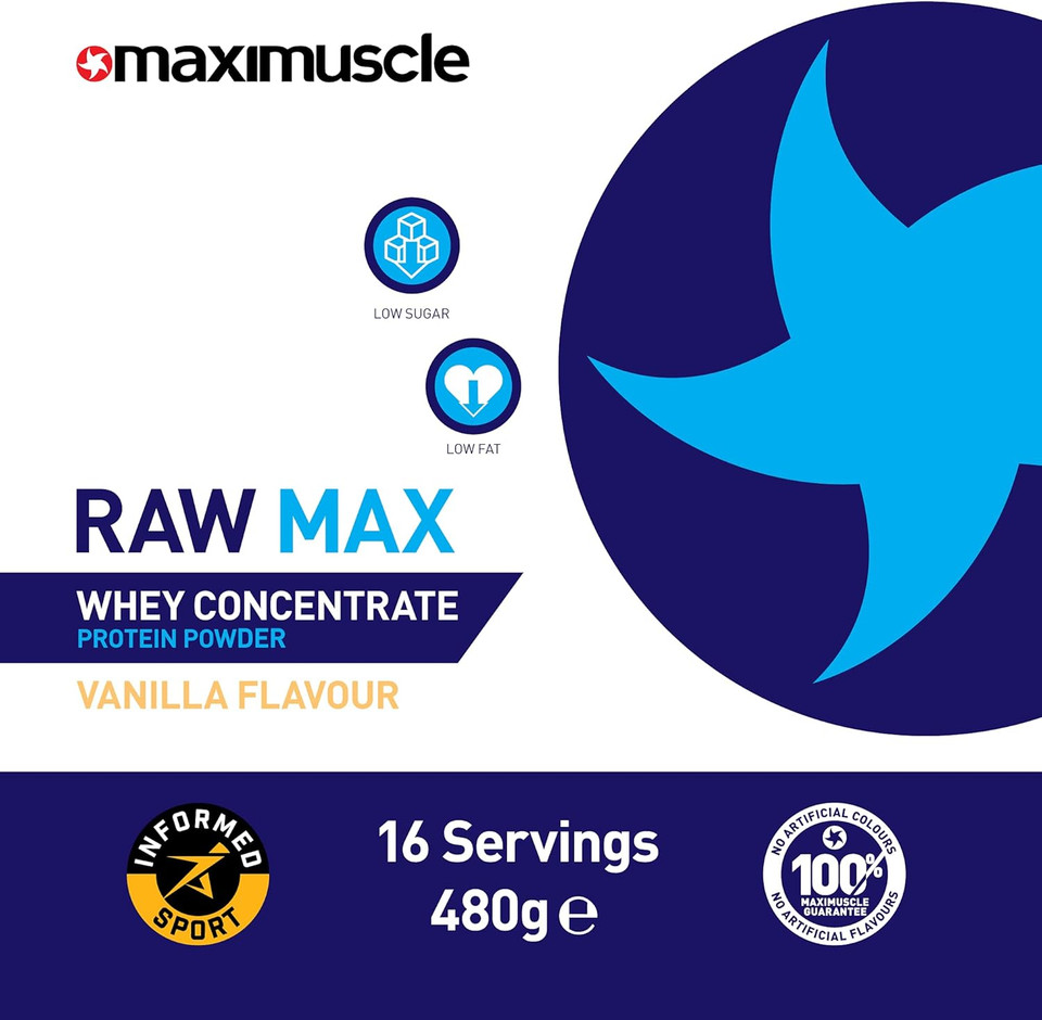 Maximuscle Raw Max | Whey Protein Powder | Protein Shake with Whey Concentrate | Low Fat, Low Sugar, Gluten-Free | Vanilla, 480g - 16 Servings
