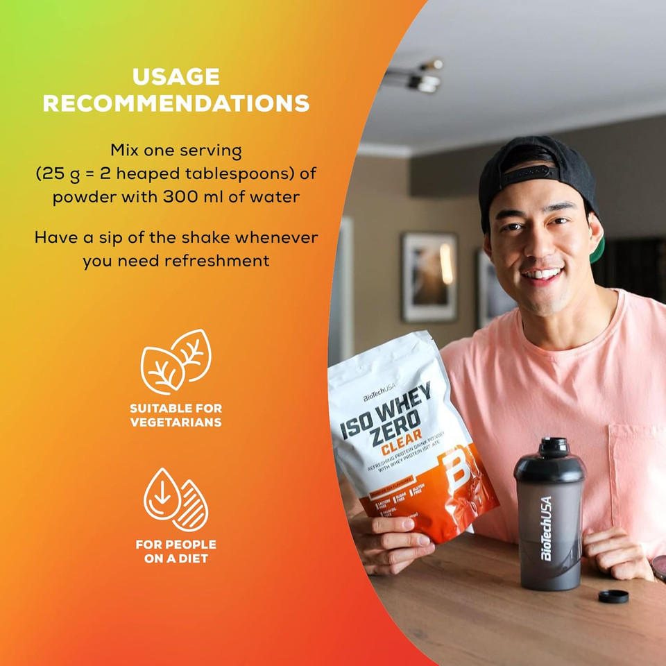 BioTechUSA Iso Whey Zero Clear Drink Powder, Refreshing, Sugar-Free, Lactose-Free, Gluten-Free, 5 Fruity Flavors, 88 kcal, 21g Protein, BCAAs, 1000 g, Peach iced Tea