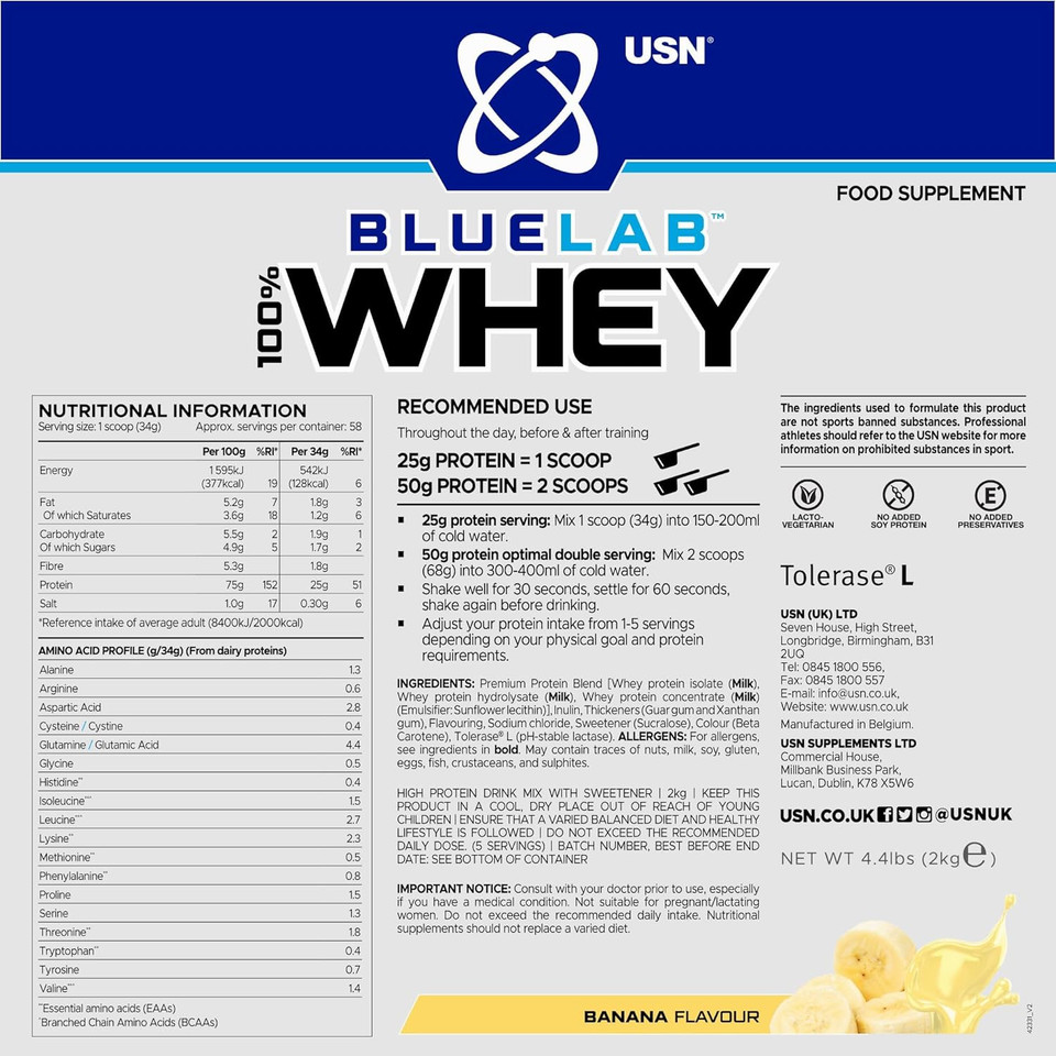 USN Blue Lab Whey Protein Powder: Banana - Whey Protein 2kg - Post-Workout - Whey Isolate - Muscle Building Powder Supplement With Added BCAAs