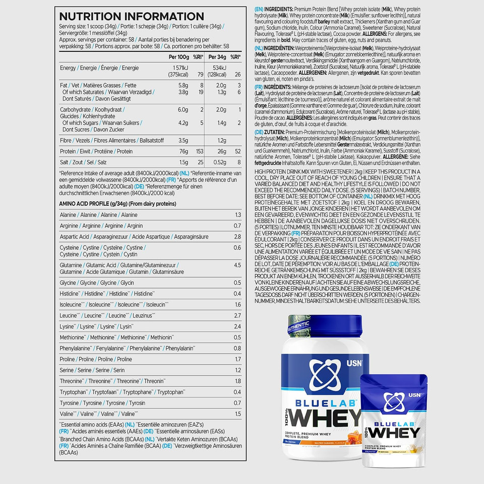 USN Blue Lab Whey Protein Powder: Caramel Popcorn - Whey Protein 2kg - Post-Workout - Whey Isolate - Muscle Building Powder Supplement With Added BCAAs