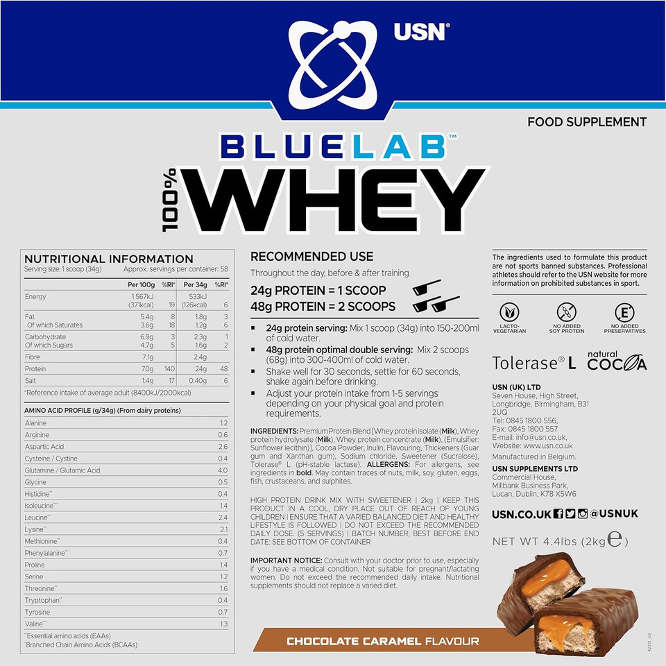 USN Blue Lab Whey Protein Powder: Salted Caramel - Whey Protein 2kg - Post-Workout - Whey Isolate - Muscle Building Powder Supplement With Added BCAAs