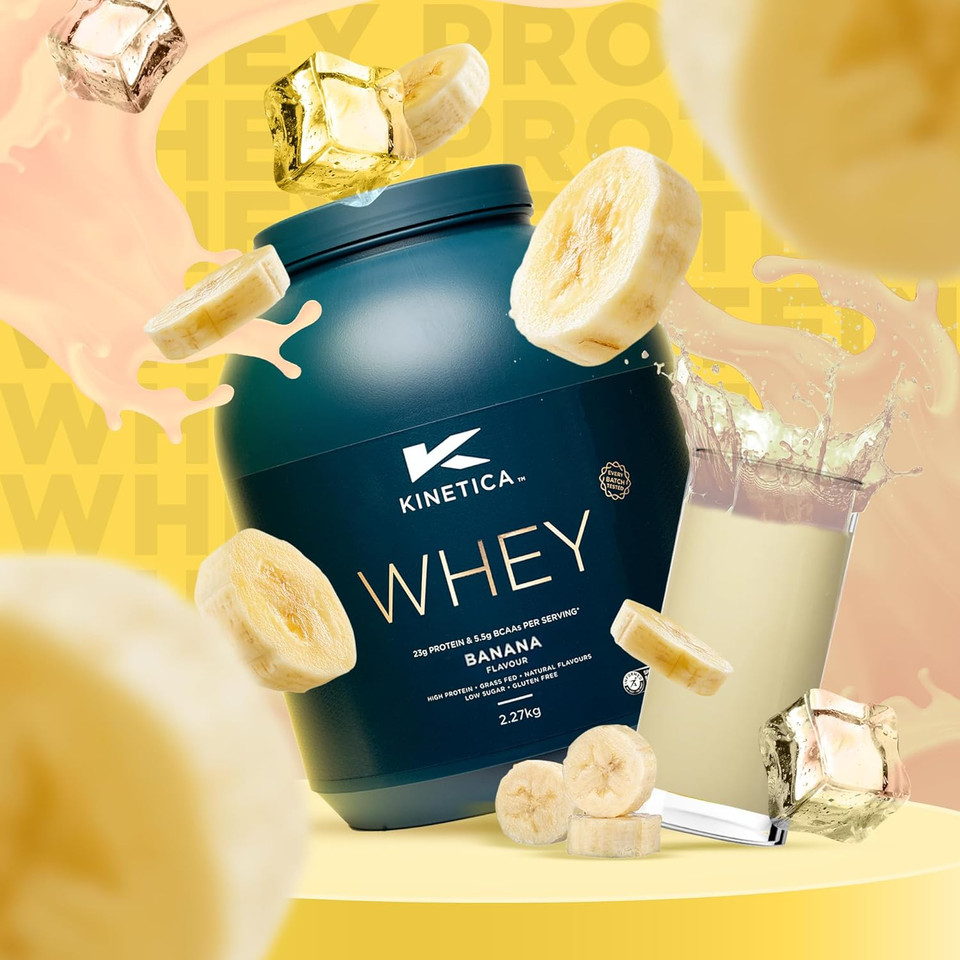 Kinetica Sports Whey Protein Powder - Banana Flavour | 23g Protein/Serve, 76 Servings/2.27Kg Pack | Gluten Free Supplement | Optimum for Muscle Growth & Recovery | Mixes Well with Water, Milk & Shakes