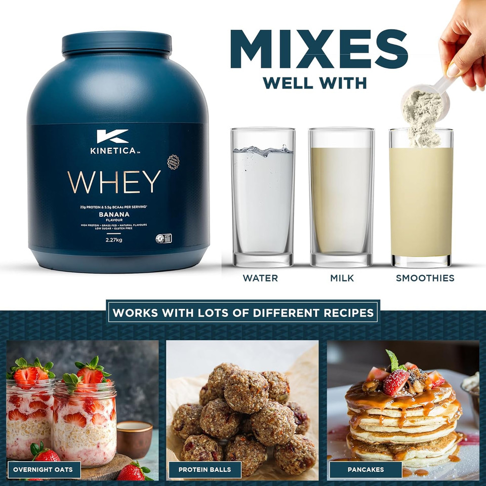 Kinetica Sports Whey Protein Powder - Banana Flavour | 23g Protein/Serve, 76 Servings/2.27Kg Pack | Gluten Free Supplement | Optimum for Muscle Growth & Recovery | Mixes Well with Water, Milk & Shakes