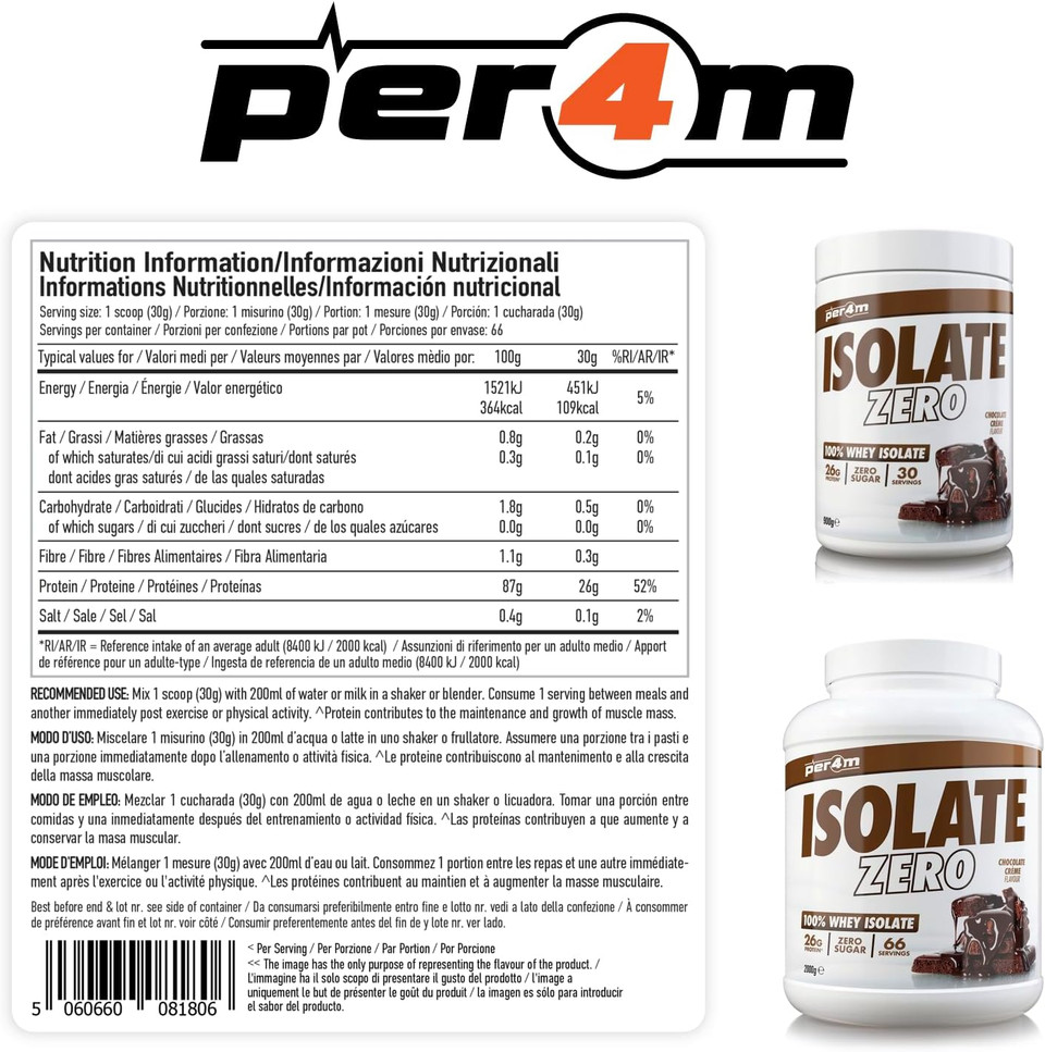 Per4m Isolate Zero Premium Whey Protein Powder | 66 Servings Ultra Filtered Isolate Shake + Amino Acids | Muscle Recovery & Optimal Nutrition | Zero Sugar & Low Gluten (2kg, Chocolate Creme)