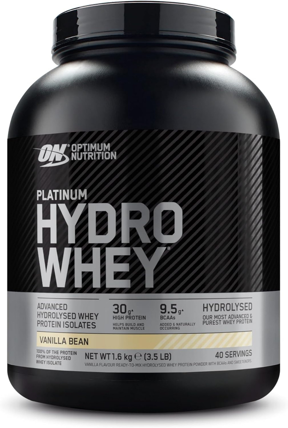 Optimum Nutrition Platinum Hydro Whey, Hydrolysed Whey Protein Isolate Powder with Essential Amino Acids, Glutamine and BCAA, Vanilla Bean Flavour, 40 Servings, 1.6 kg