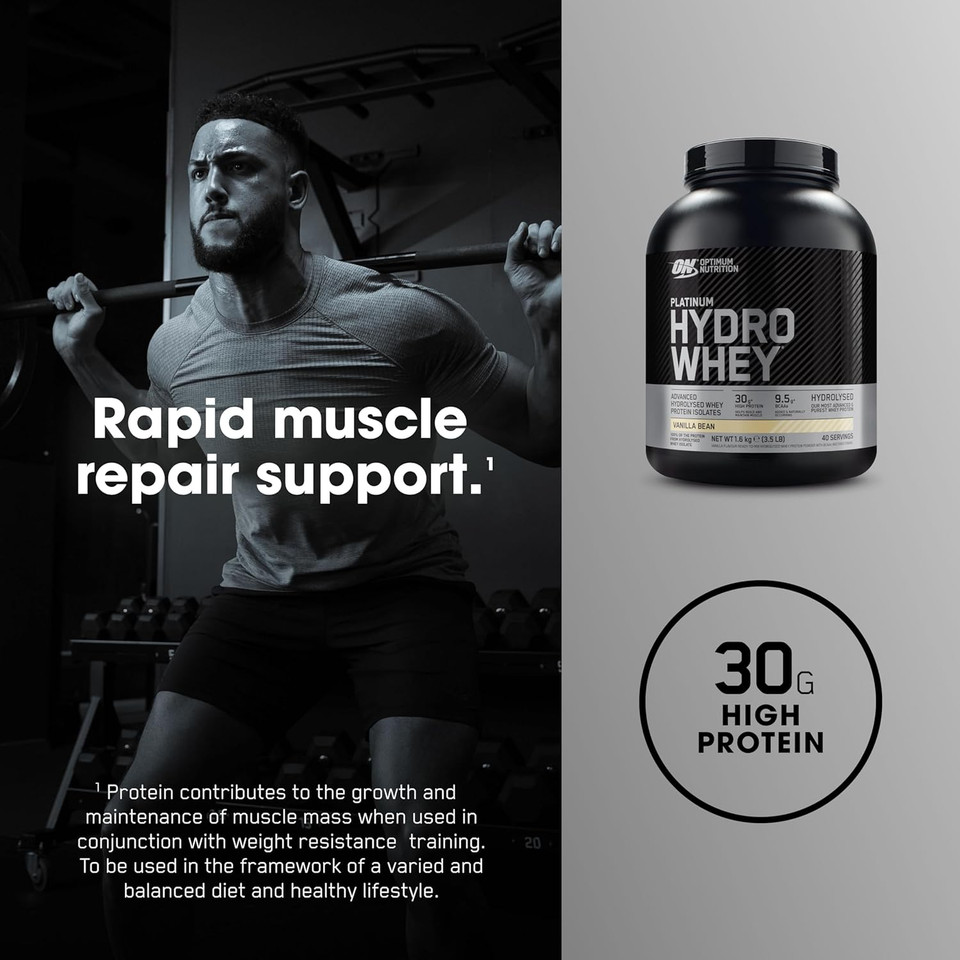 Optimum Nutrition Platinum Hydro Whey, Hydrolysed Whey Protein Isolate Powder with Essential Amino Acids, Glutamine and BCAA, Vanilla Bean Flavour, 40 Servings, 1.6 kg