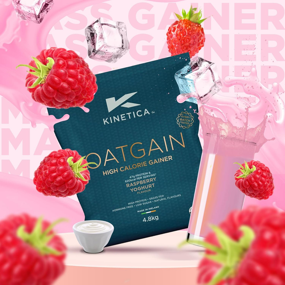 Kinetica Sports OatGain Weight Gainer - Raspberry Yoghurt Flavour | 630 Cal, 46g Protein & 82g Carbs/Serve, 30 Servings/4.8Kg | Optimum Grass Fed Protein Supplement | High Calorie & Easy Mixability