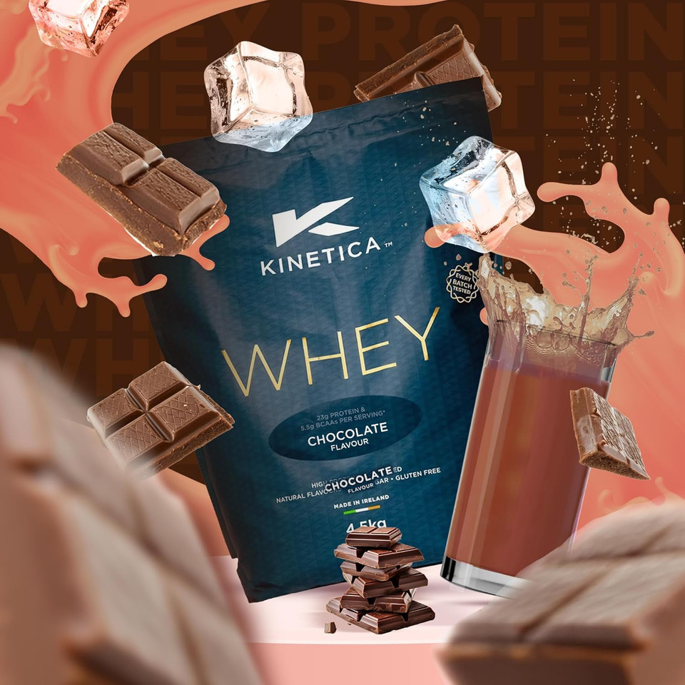 Kinetica Sports Whey Protein Powder - Chocolate Flavour | 22g Protein/Serve, 150 Servings/4.5Kg Pack | Gluten Free Supplement | Optimum for Muscle Gain & Recovery |Mixes Well with Water, Milk & Shakes