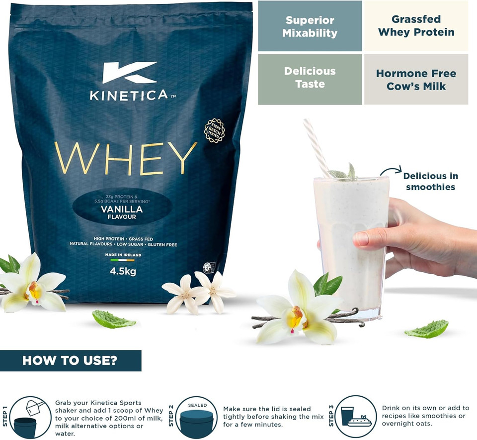 Kinetica Vanilla Whey Protein Powder | 4.5kg | 23g Protein per Serving | 130 Servings | Sourced from EU Grass-Fed Cows | Superior Mixability & Taste