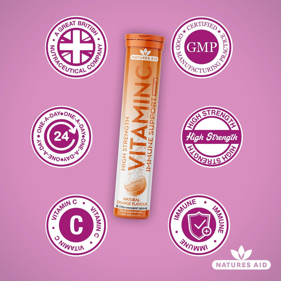 Natures Aid Immune Effervescent 20 Tablets  Supports Immune Health & Energy  Vitamin C 1000mg & Zinc - High Strength Fizzy Supplement  Blackcurrant Flavour  Vegan, Gluten Free, Non-GMO