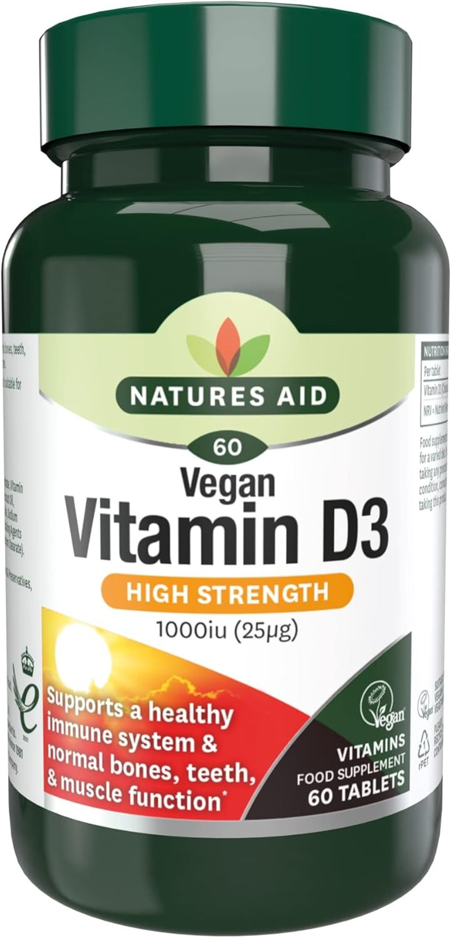 Natures Aid Vegan Vitamin D3 1000iu  High Strength Vitamin D Supplement for Bones, Immune System, Mood & Energy  Natural, Non-GMO, Gluten Free, Vegan Health & Wellness Support  60 Tablets