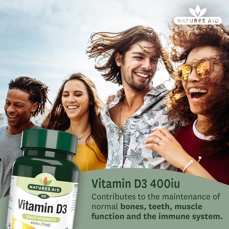 Natures Aid Vitamin D3 10µg (400IU)  High Strength Vitamin D Supplement  Supports Bones, Muscles & Immunity  Vegan, Gluten-Free, Non-GMO  90 Tablets  Essential Daily Nutrient Natures Aid Vitamin D3 10µg (400IU)  High Strength Vitamin D Supplement  Supports Bones, Muscles & Immunity  Vegan, Gluten-Free, Non-GMO  90 Tablets  Essential Daily Nutrient