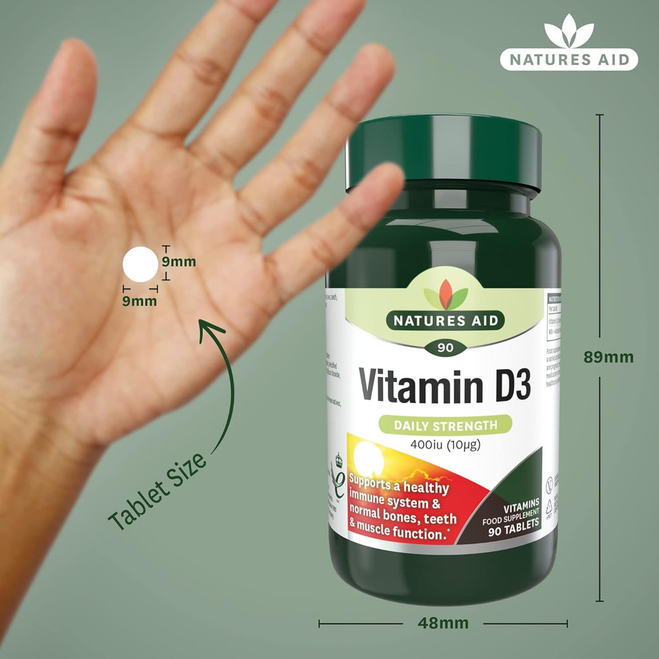 Natures Aid Vitamin D3 10µg (400IU)  High Strength Vitamin D Supplement  Supports Bones, Muscles & Immunity  Vegan, Gluten-Free, Non-GMO  90 Tablets  Essential Daily Nutrient Natures Aid Vitamin D3 10µg (400IU)  High Strength Vitamin D Supplement  Supports Bones, Muscles & Immunity  Vegan, Gluten-Free, Non-GMO  90 Tablets  Essential Daily Nutrient